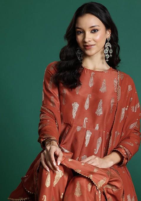 Rust Printed Blended Kurta Set