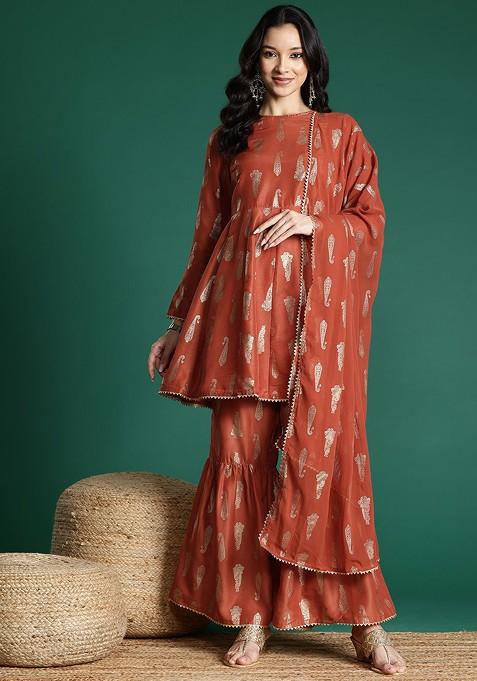 Rust Printed Blended Kurta Set