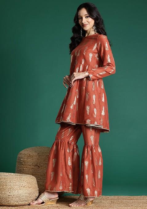 Rust Printed Blended Kurta Set