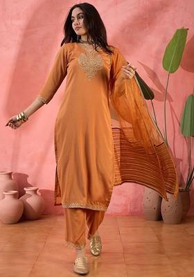 Orange Embroidered Blended Kurta Set