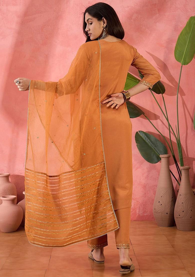 Orange Embroidered Blended Kurta Set - Indya