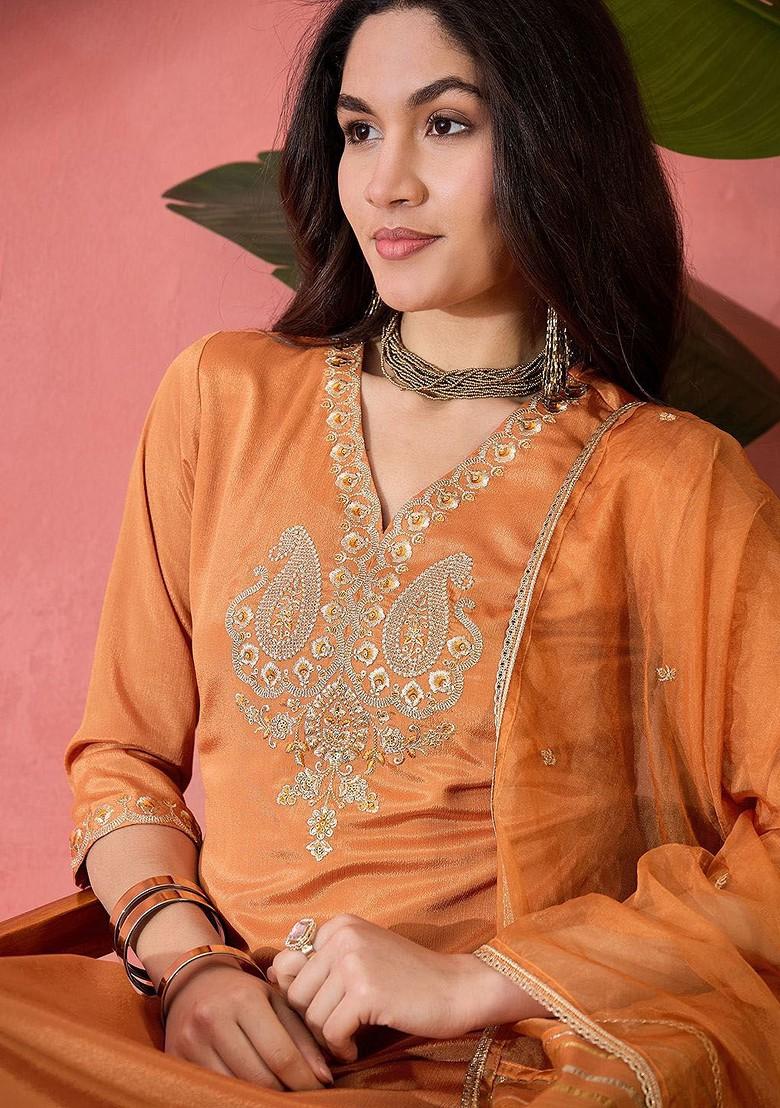 Orange Embroidered Blended Kurta Set - Indya