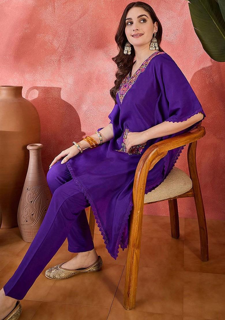 Purple Embroidered Blended Kurta Set - Indya