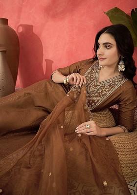 Brown Embroidered Blended Kurta Set