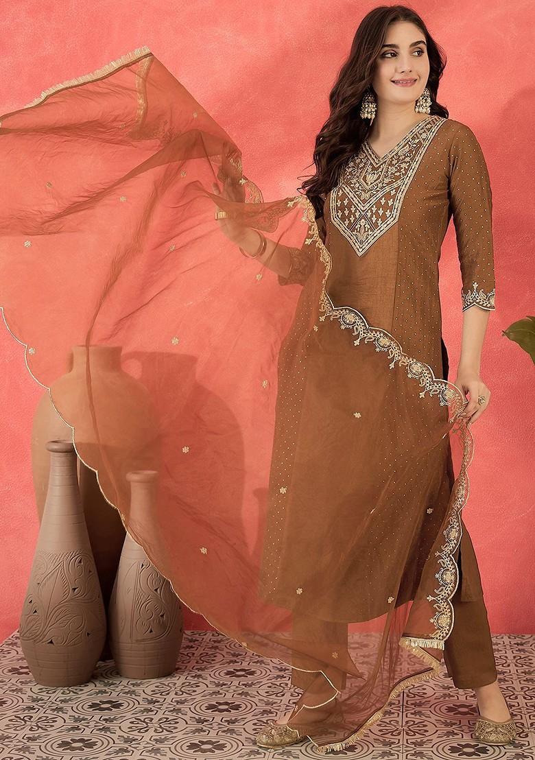 Brown Embroidered Blended Kurta Set - Indya