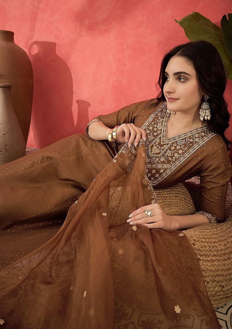 Brown Embroidered Blended Kurta Set - Indya