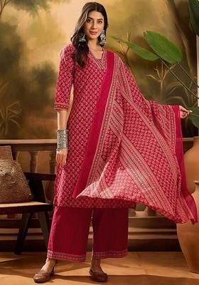 Maroon Printed Blended Kurta Set