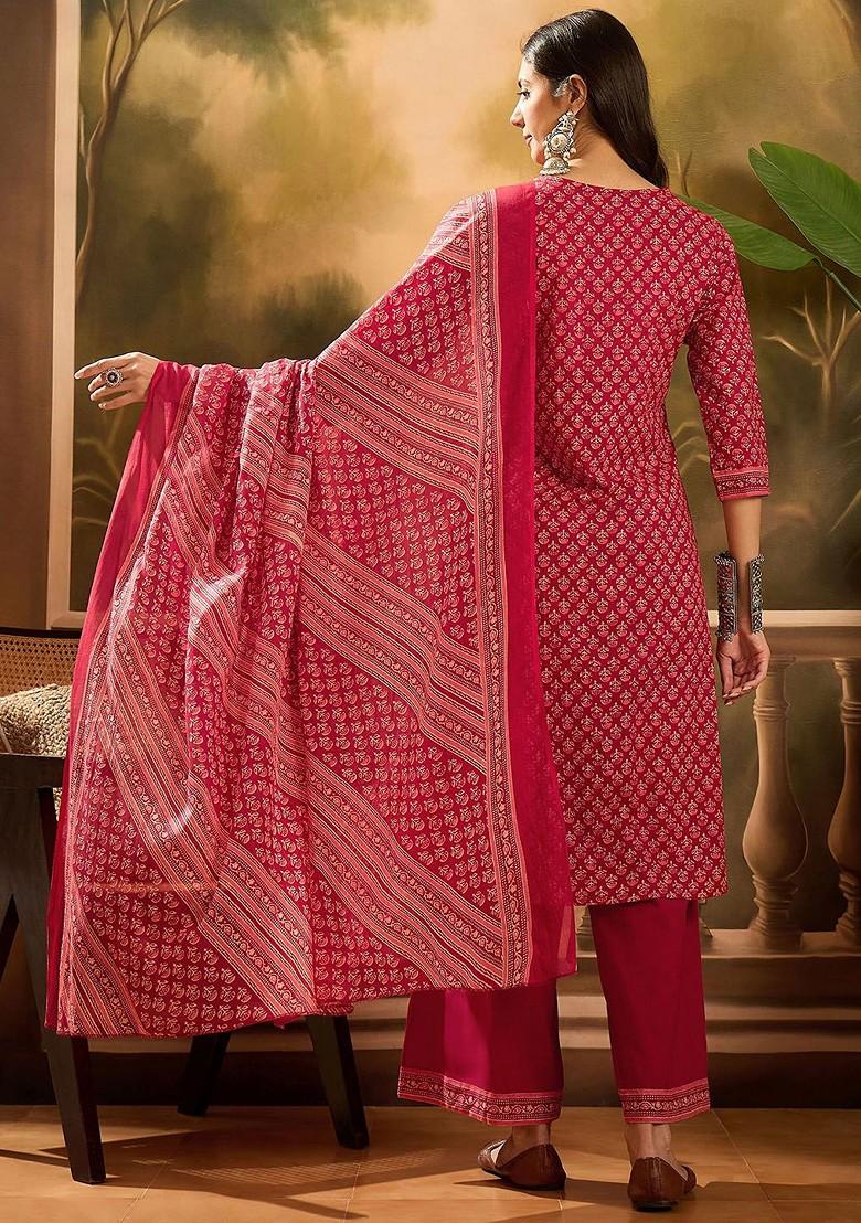 Maroon Printed Blended Kurta Set - Indya