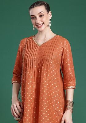 Orange Printed Blended Kurta Set