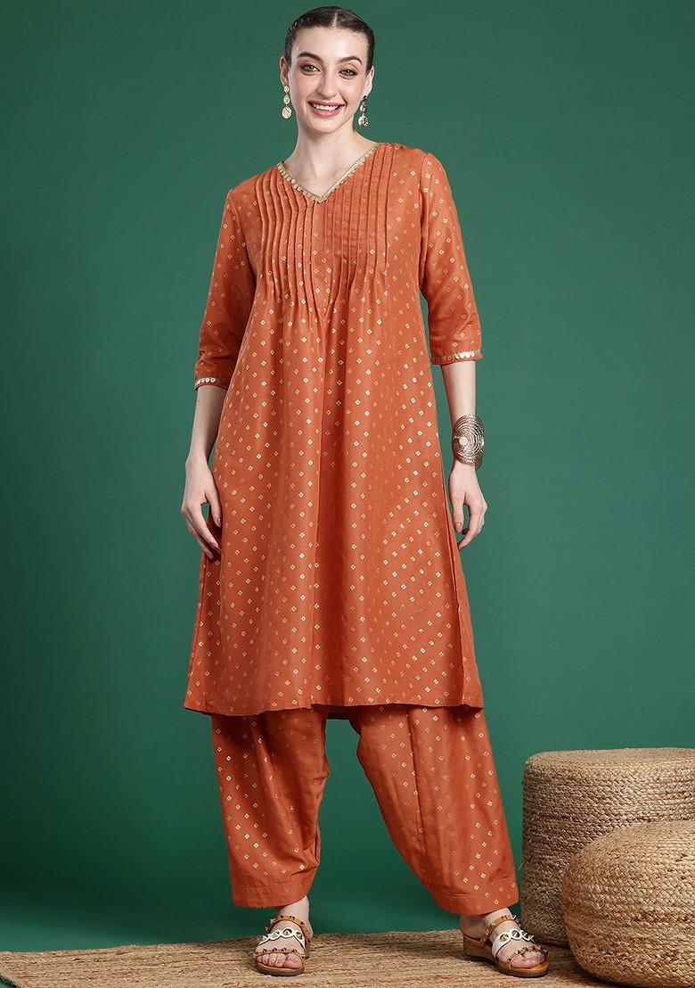 Orange Printed Blended Kurta Set - Indya