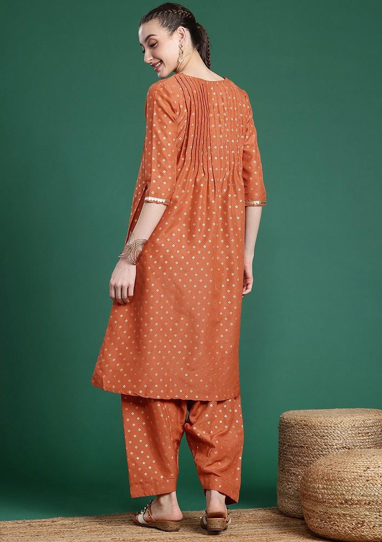 Orange Printed Blended Kurta Set - Indya