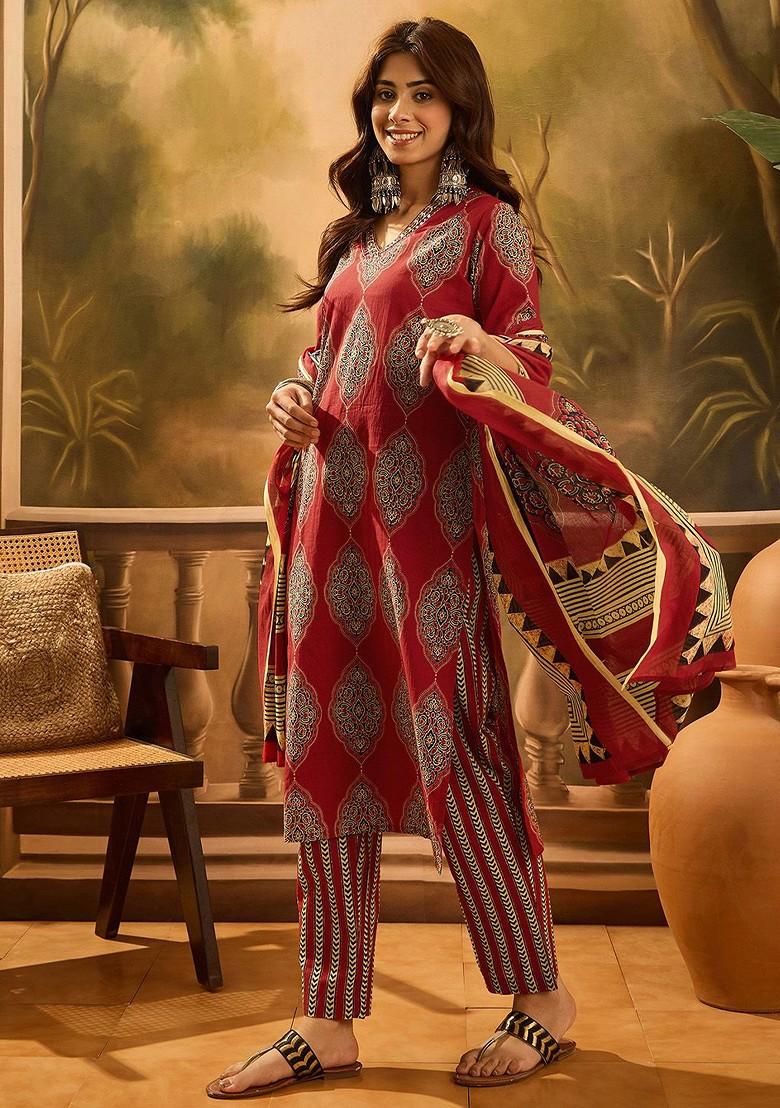 Maroon Printed Blended Kurta Set - Indya
