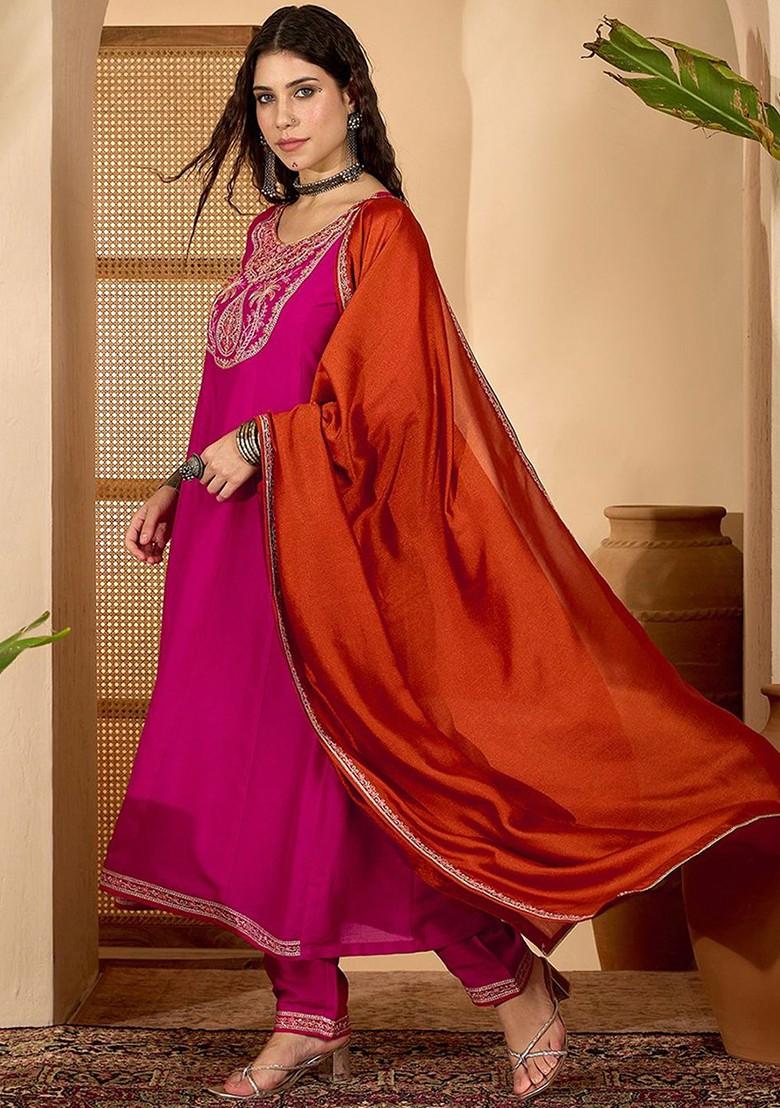 Pink Embroidered Blended Kurta Set - Indya