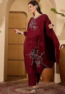 Maroon Embroidered Blended Kurta Set