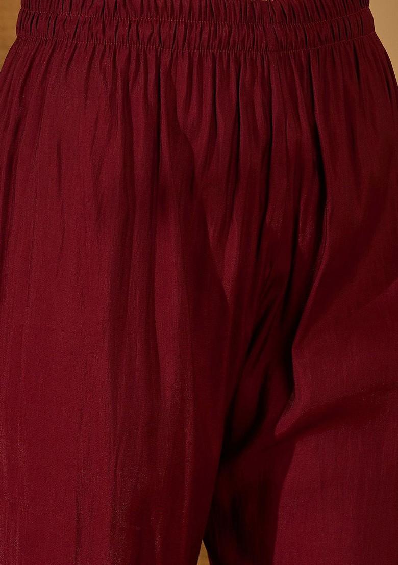 Maroon Embroidered Blended Kurta Set - Indya