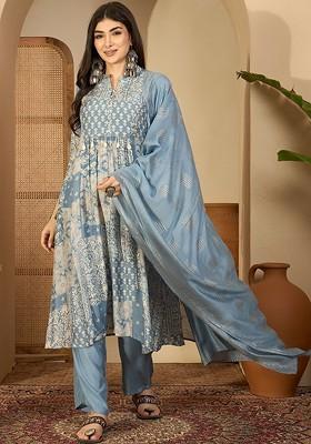Blue Printed Blended Kurta Set
