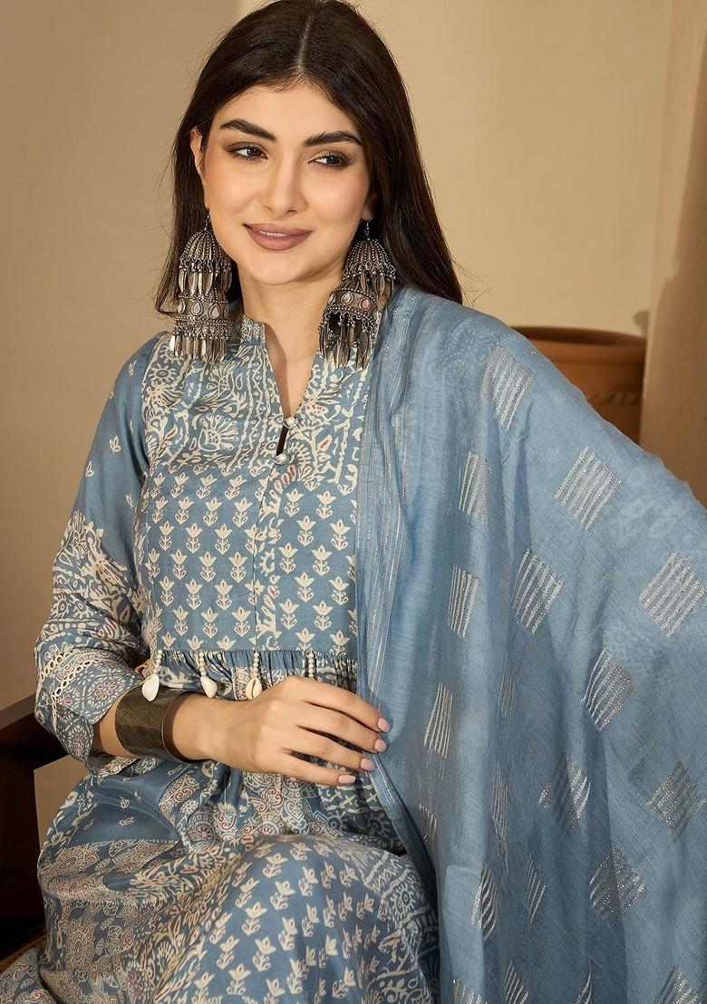 Blue Printed Blended Kurta Set - Indya