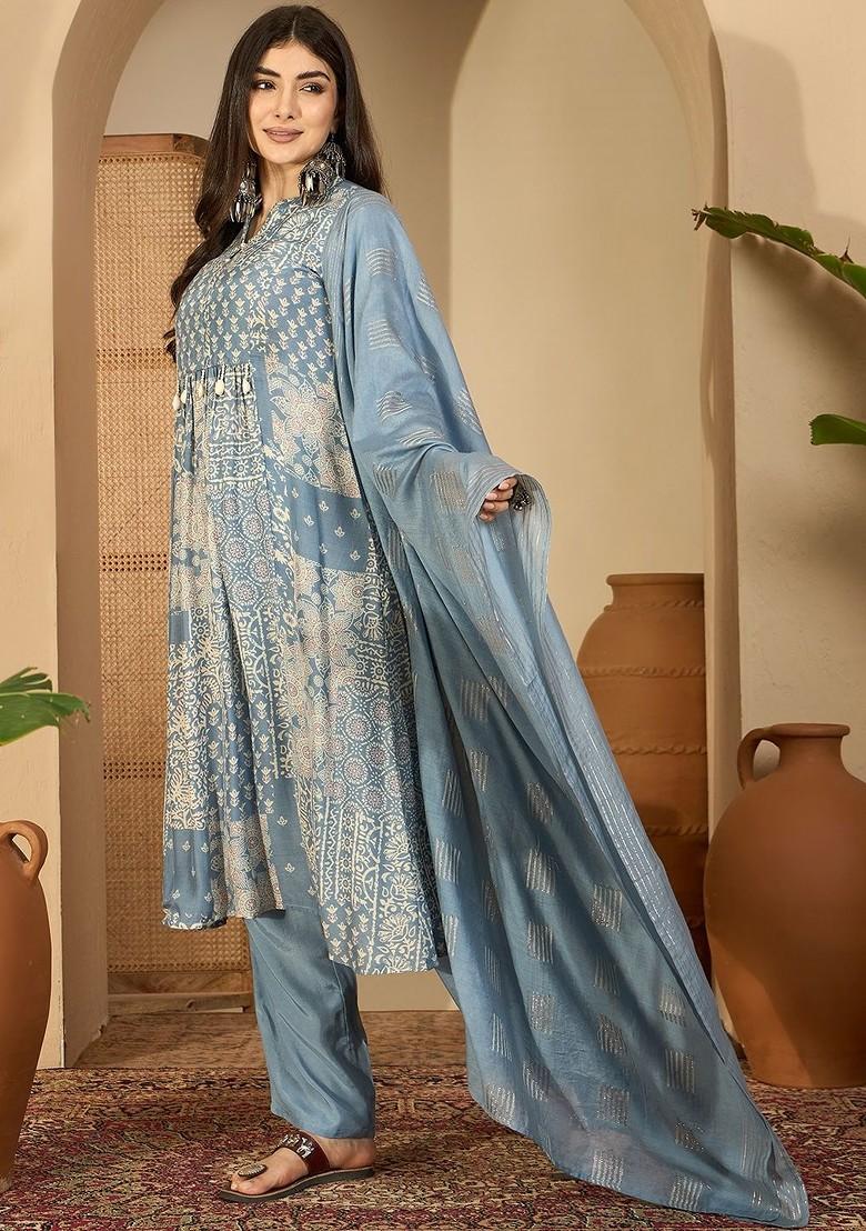 Blue Printed Blended Kurta Set - Indya