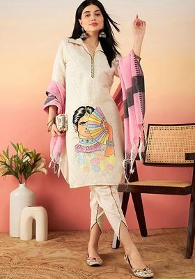 Off White Thread Work Blended Kurta Set