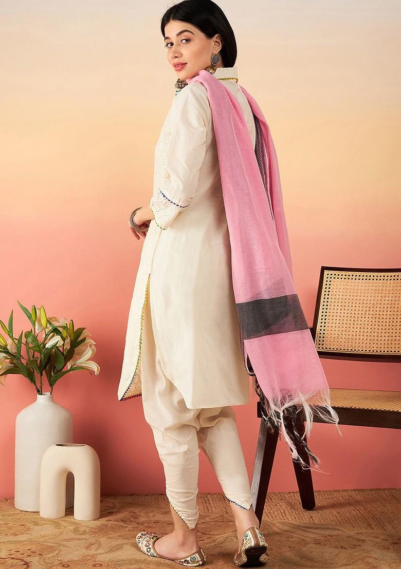 Off White Thread Work Blended Kurta Set - Indya