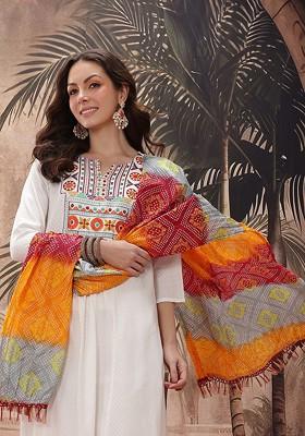 White Embroidered Blended Kurta Set