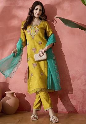 Yellow Embroidered Blended Kurta Set