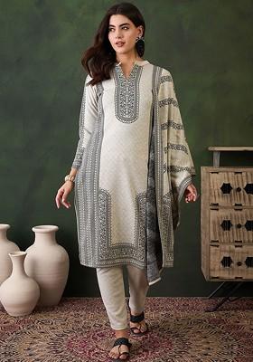 Off White Self Design Blended Kurta Set
