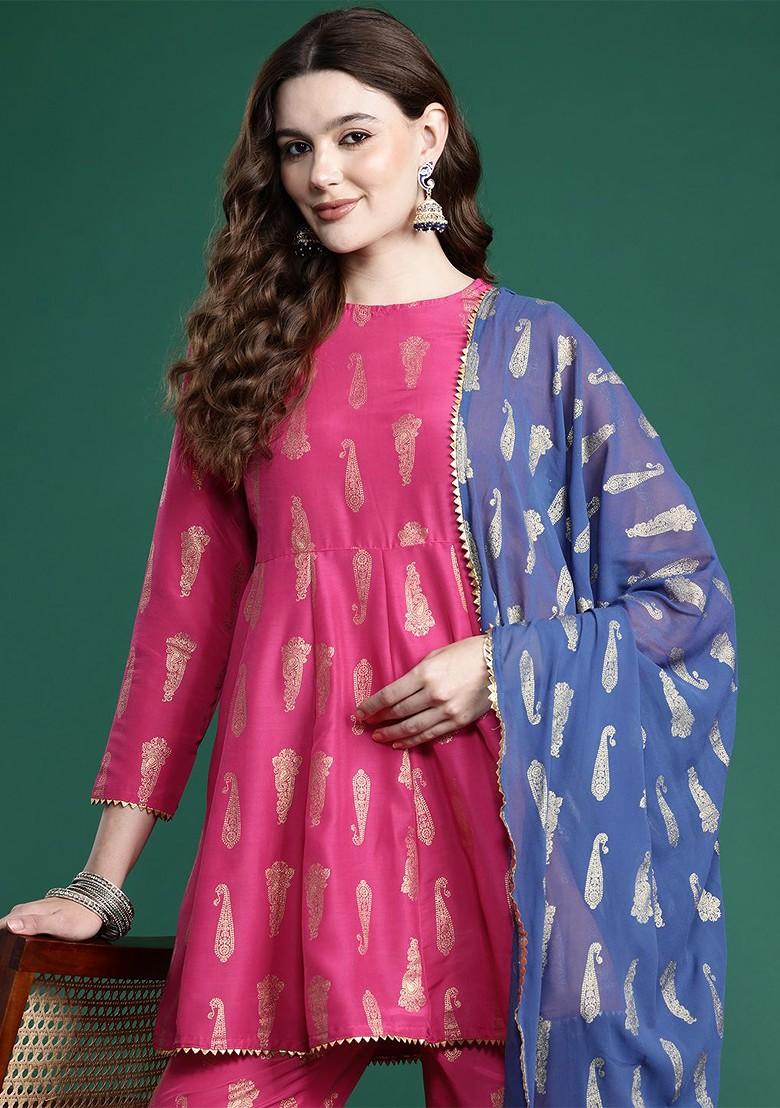 Fuchsia Printed Blended Kurta Set - Indya