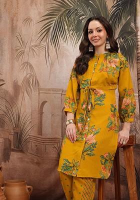 Mustard Printed Blended Kurta Set