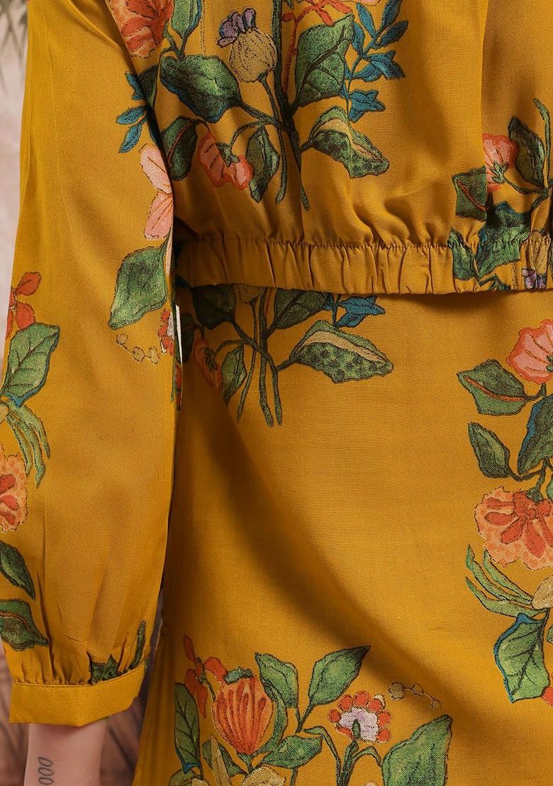 Mustard Printed Blended Kurta Set - Indya