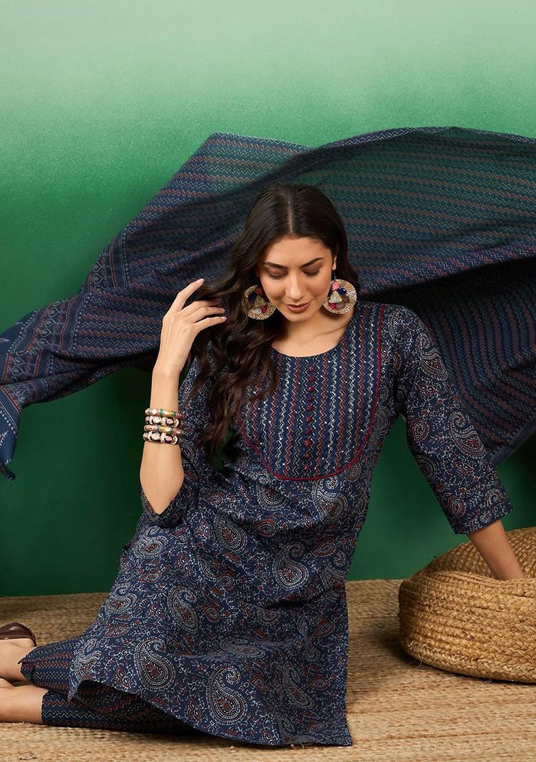 Navy Blue Printed Blended Kurta Set - Indya