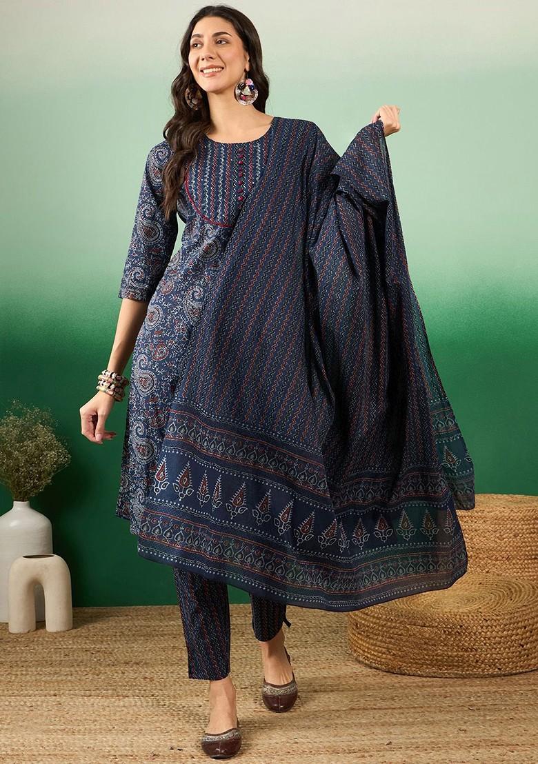 Navy Blue Printed Blended Kurta Set - Indya
