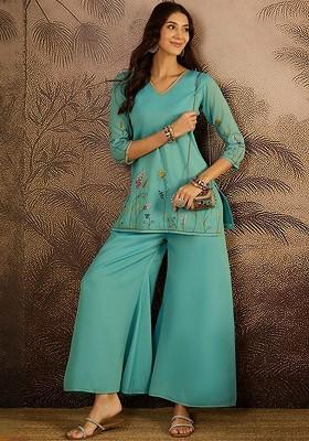 Turquoise Blue Embroidered Blended Kurta Set