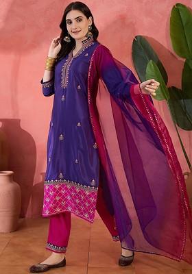 Purple Embroidered Blended Kurta Set