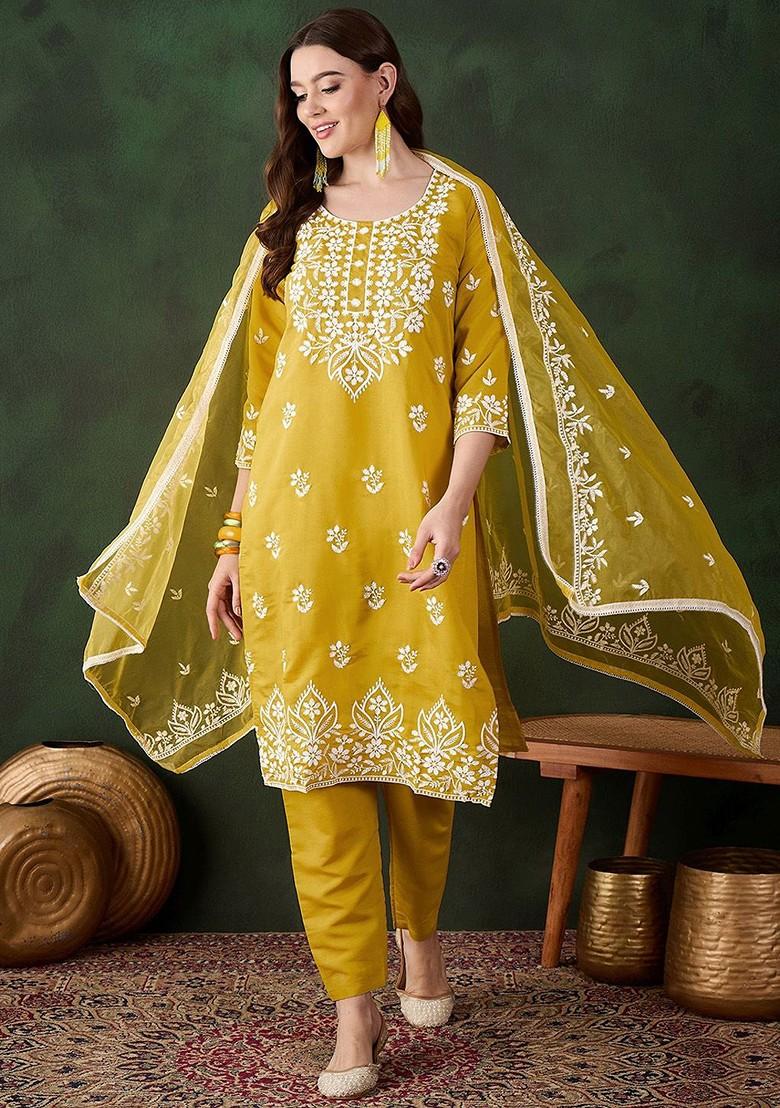 Mustard Embroidered Blended Kurta Set - Indya