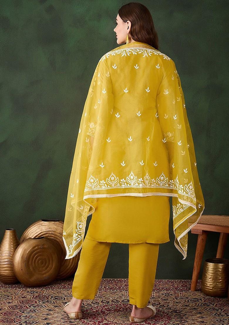 Mustard Embroidered Blended Kurta Set - Indya