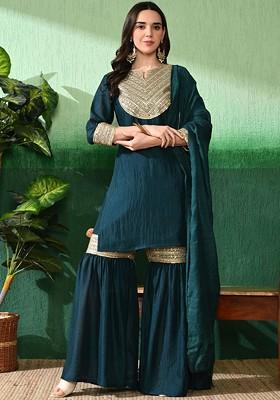 Teal Yoke Design Blended Kurta Set