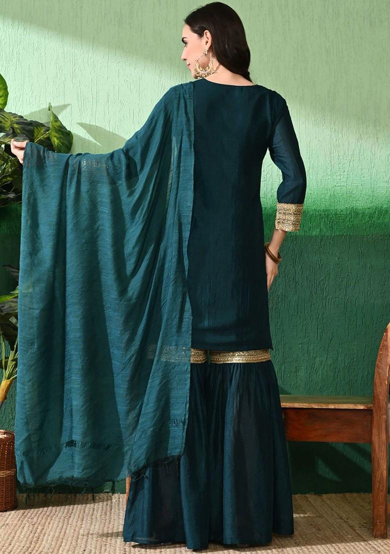 Teal Yoke Design Blended Kurta Set - Indya