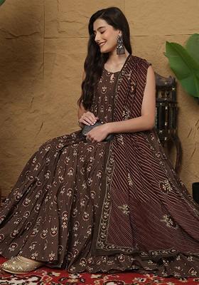 Brown Printed Blended Kurta Set