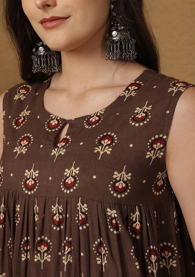 Brown Printed Blended Kurta Set - Indya