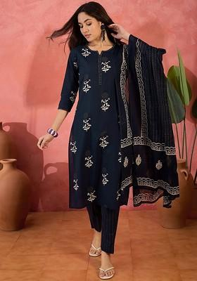 Navy Blue Printed Blended Kurta Set