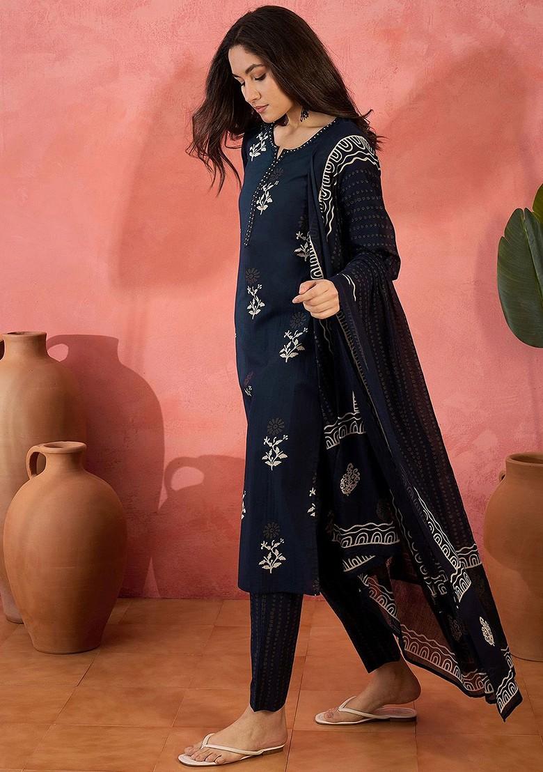 Navy Blue Printed Blended Kurta Set - Indya