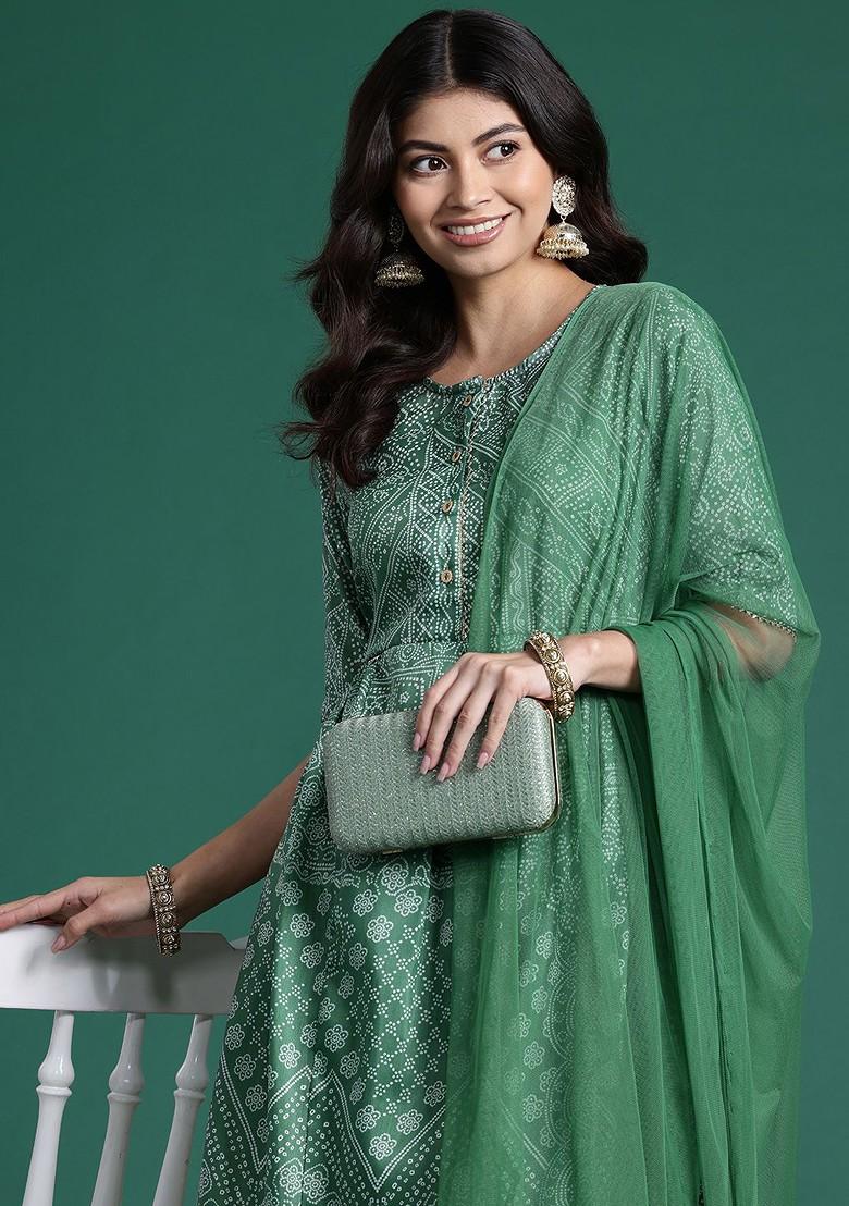 Green Printed Blended Kurta Set - Indya