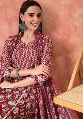 Red Printed Blended Kurta Set