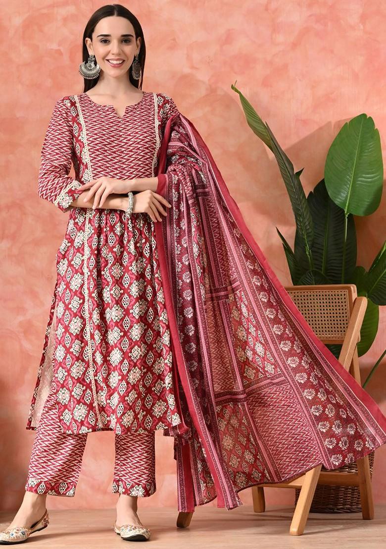 Red Printed Blended Kurta Set - Indya