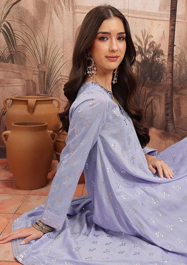 Lavender Printed Blended Kurta Set - Indya