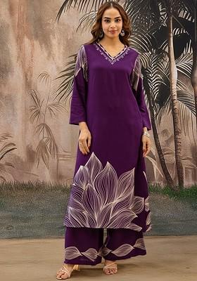Purple Printed Blended Kurta Set