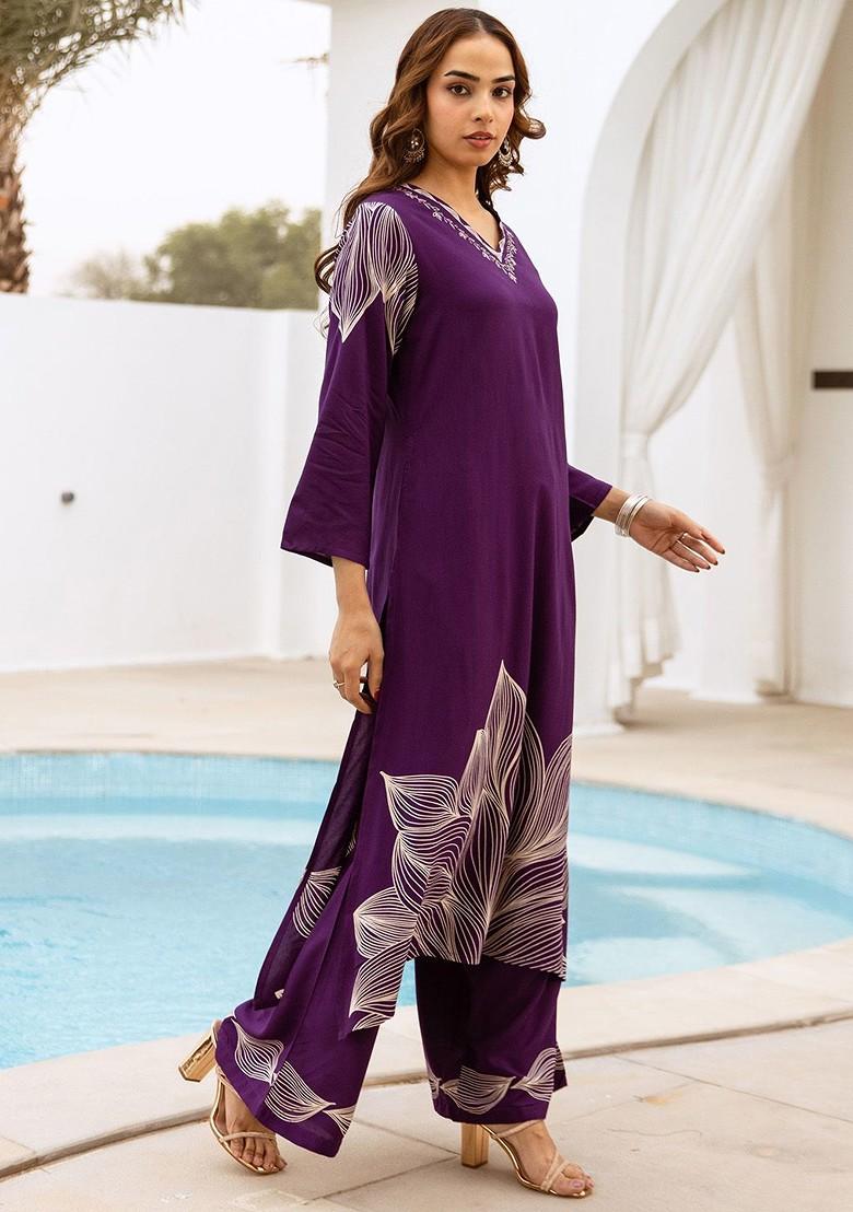 Purple Printed Blended Kurta Set - Indya