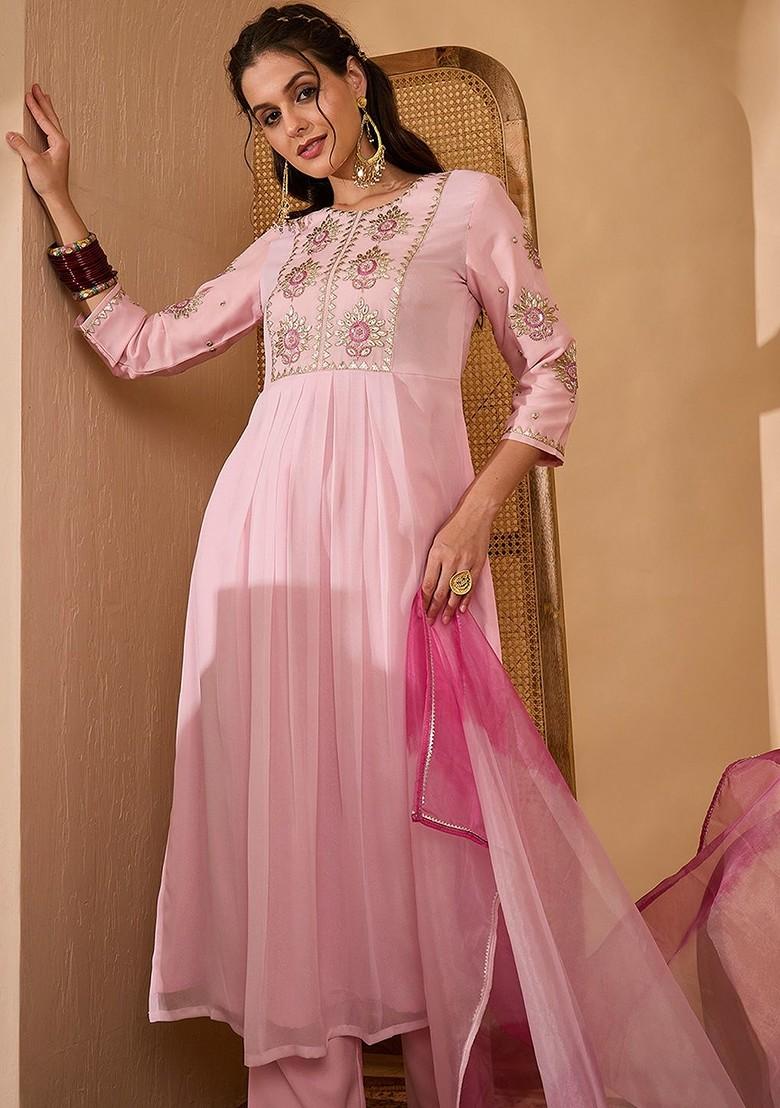 Pink Embroidered Blended Kurta Set - Indya
