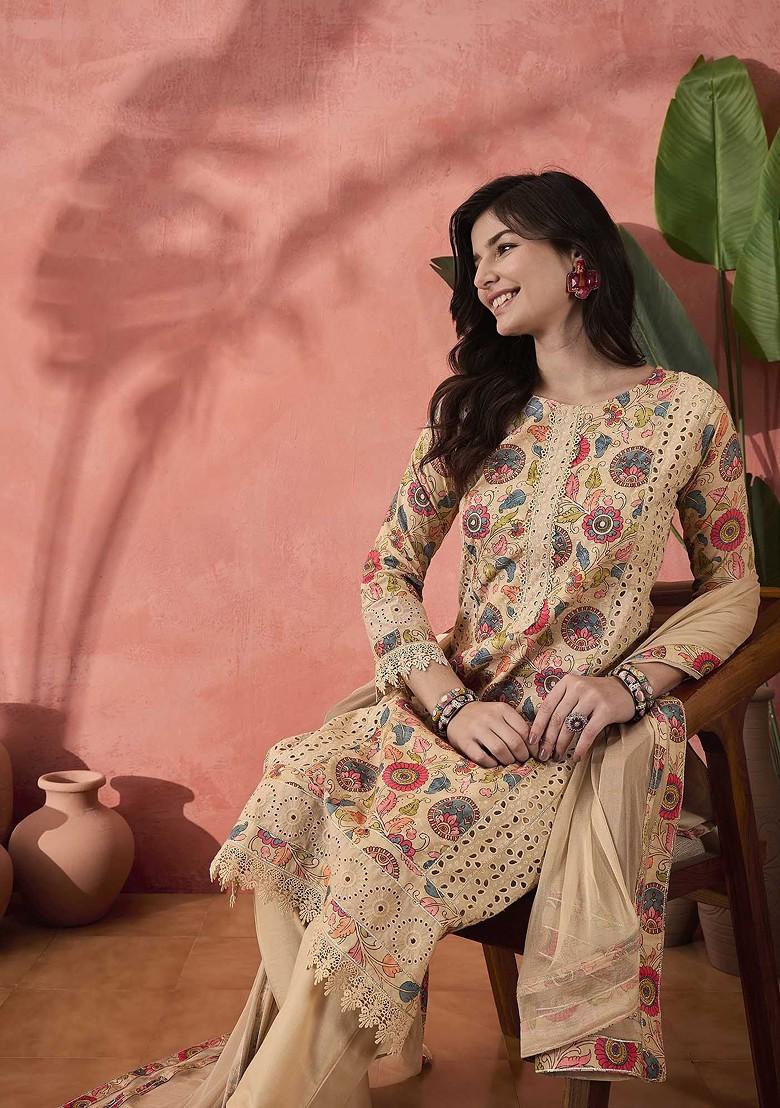 Cream Printed Blended Kurta Set - Indya